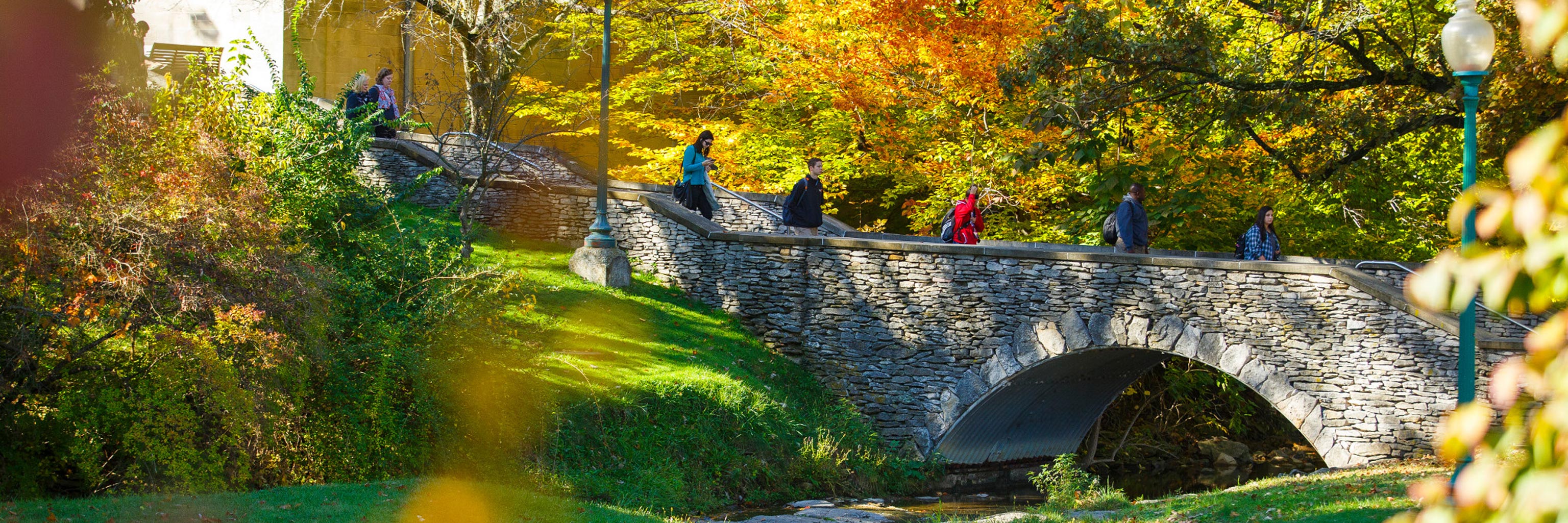 students walking up and down stone steps on a bridge